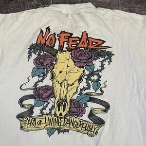 Men's Vintage 90's No Fear Gear USA Cow Skull White Graphic T Shirt Tee Sz XL